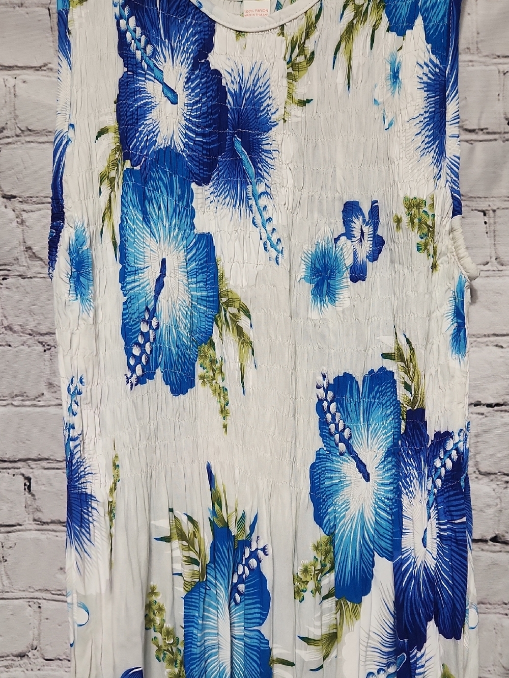 Women's Blue Floral Maxi Dress- 100% Rayon, Made In Thailand Hibiscus Flowers